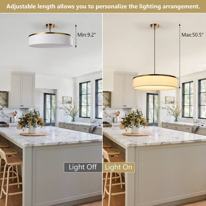 Farmhouse Drum Chandelier Integrate LED Ceiling Pendant w Fabric Shade