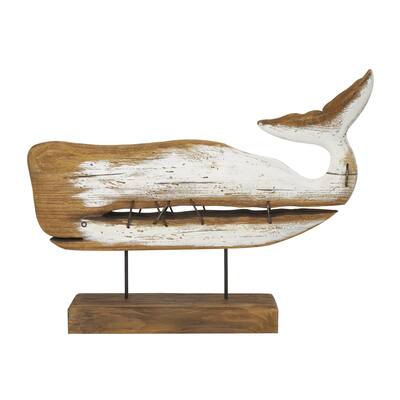 Wood Whale Handmade Decorative Sculpture with Painted White Accents and Metal Details - Brown - Roche River Decor