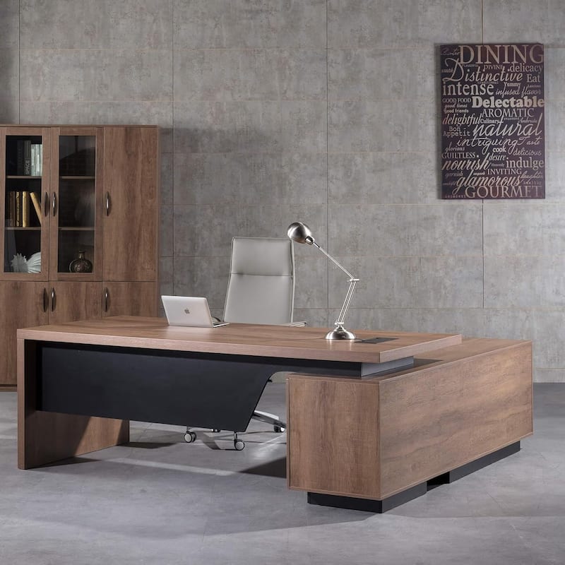 WESOME Retractable L-Shaped Executive Desk with Cable Management Drawers and Lateral File Cabinet