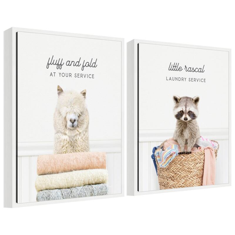 Kate and Laurel Sylvie Animal Fluff Fold and Racoon Little Rascal Laundry Framed Canvas Art Set by Amy Peterson - 2 Piece Set 18x24