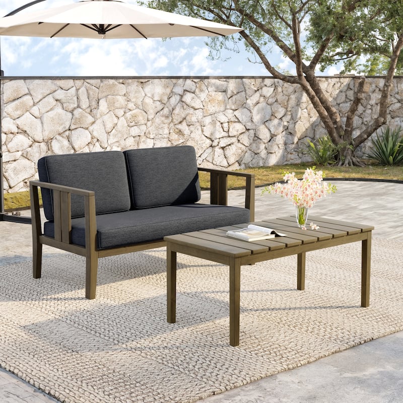 Teak Wood Water Resistant Outdoor Loveseat and Coffee Table Set (Set of 2)