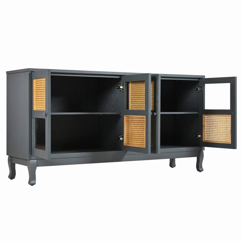 Retro 4-Door Sideboard with Large Storage Space and Rattan Doors for Home Entryway Decor