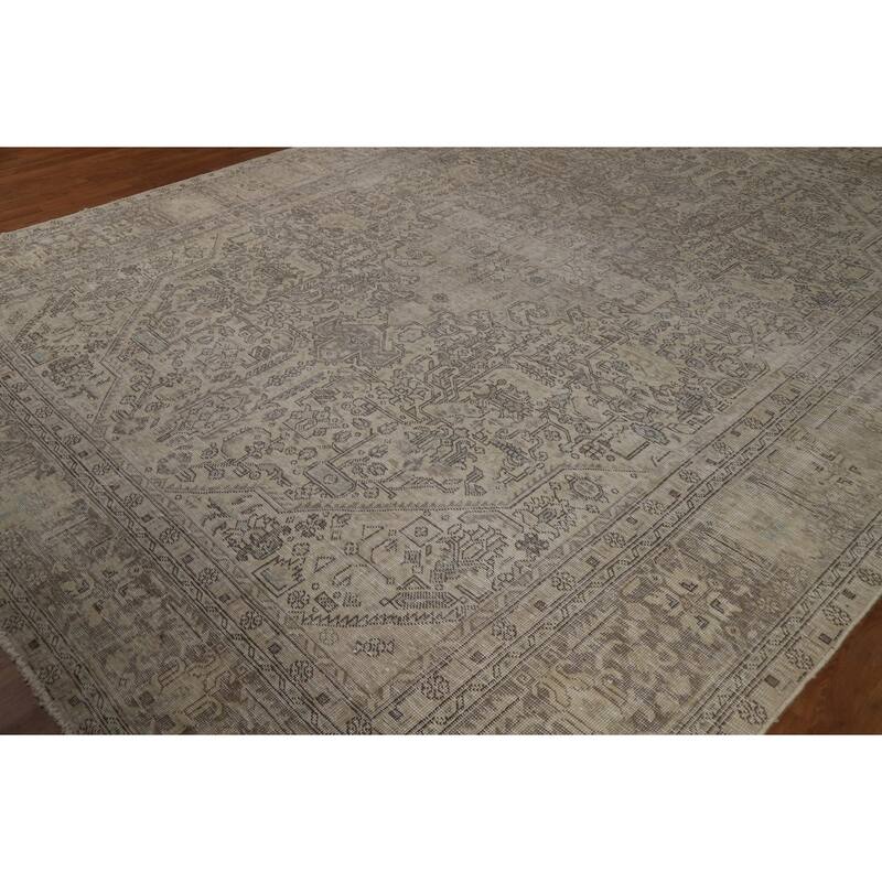 Geometric Tabriz Persian Vintage Rug Hand-Knotted Beige Wool Carpet - 9'1" x 12'4"