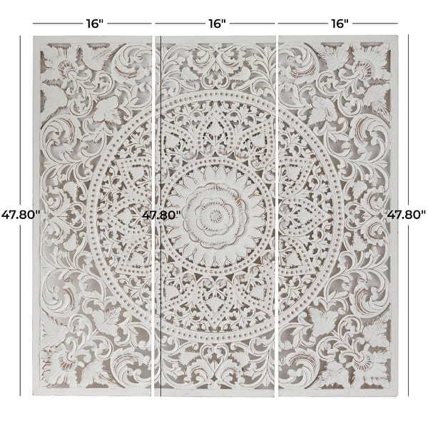 dimension image slide 2 of 4, Brown or White Wooden Handmade Intricately Carved Floral Home Wall Decor with Mandala Design (Set of 3)