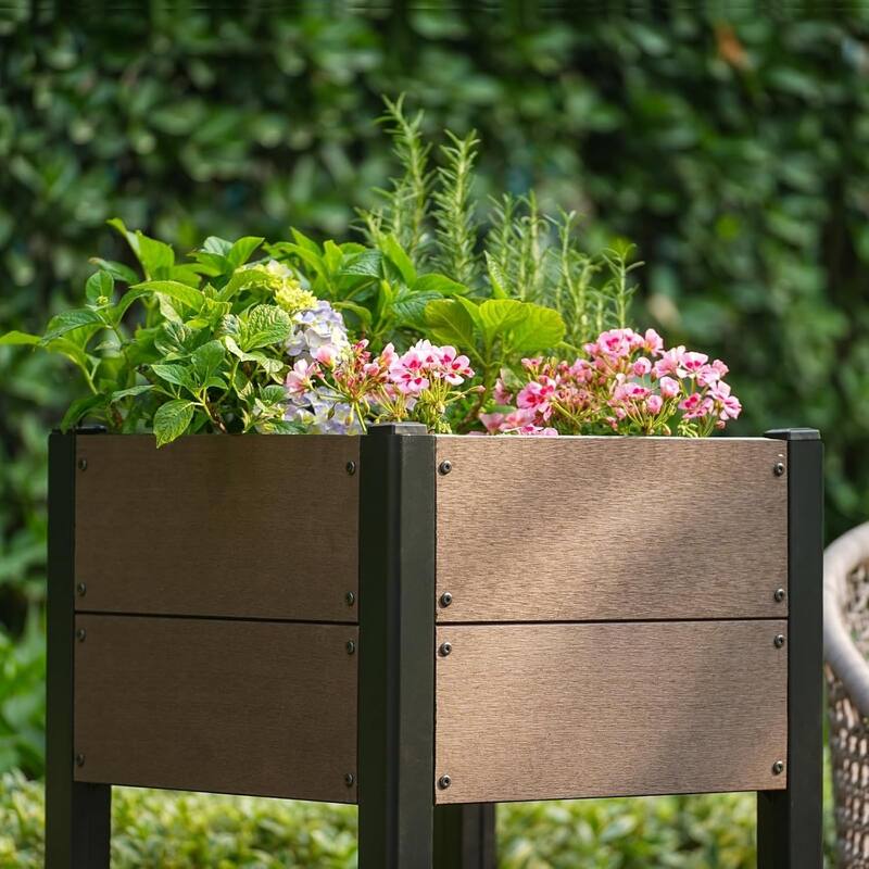 49x49x85cm HDPE Elevated Garden Bed with Storage Shelf - Wood Grain Planter Box with Aluminum Frame