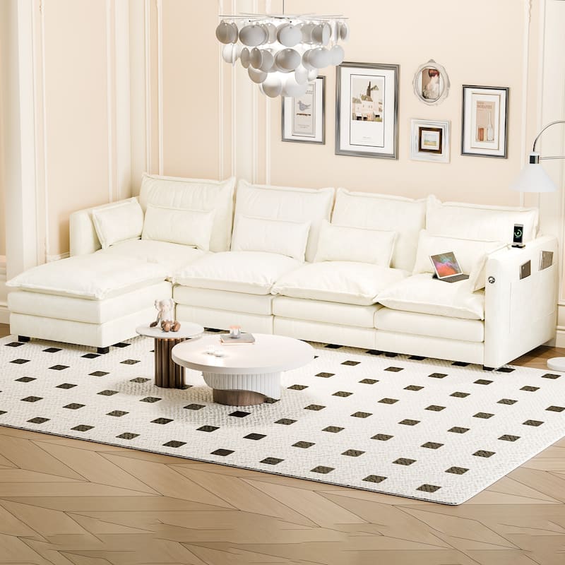 Modular Sectional Sofa L Shaped Couch, 3/4 Seat Sofa Set with Ottoman, Chenille Fabric - Beige-5 Pieces