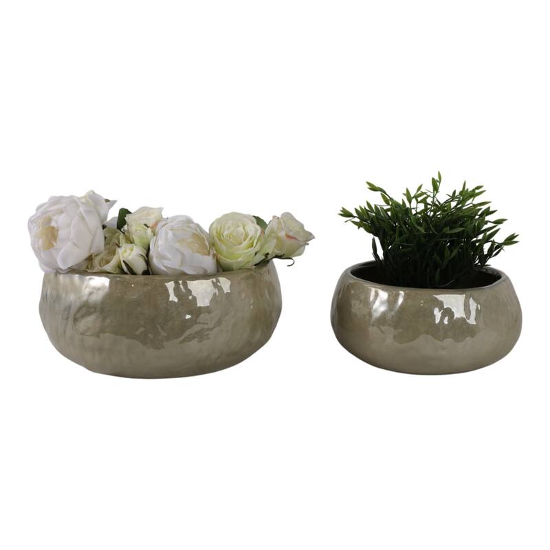 Stoneware Planters Modern Rounded Design and Texture Detail (Set of 2) - 12" x 12" x 5"