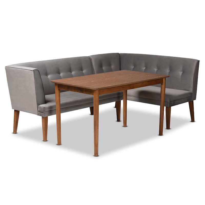 Stewart Mid-Century Grey Velvet Upholstered Wood Dining Nook Set - 3PC Dining Nook Set