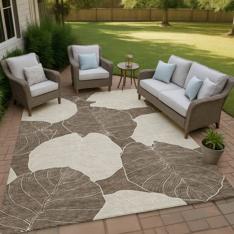 Machine Washable Indoor/ Outdoor Tropical Floral Chantille Rug - Chocolate - 9' x 12'