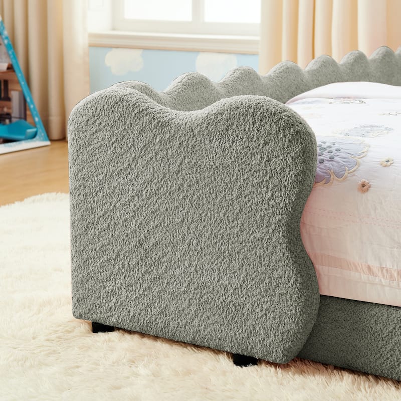 Twin Dinosaur-Shaped Kids Bed with Safety Guardrail - Solid Wood Toddler Bed Frame in Boucle Fabric