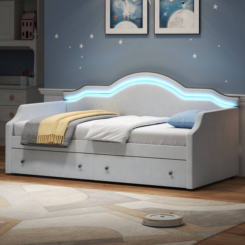 Roomfitters Twin Size Upholstered Daybed with LED Light Strip and Underbed Storage Drawers, Wave Shape Padded Frame, White