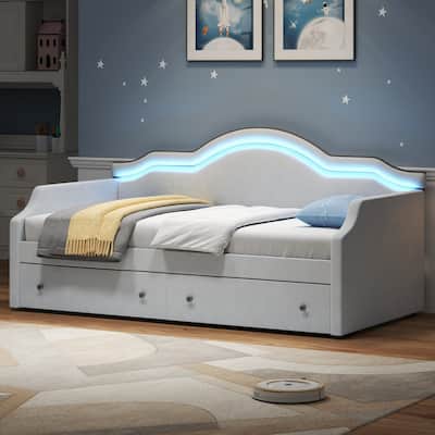 Twin Size Upholstered Daybed with LED and 2 Drawers