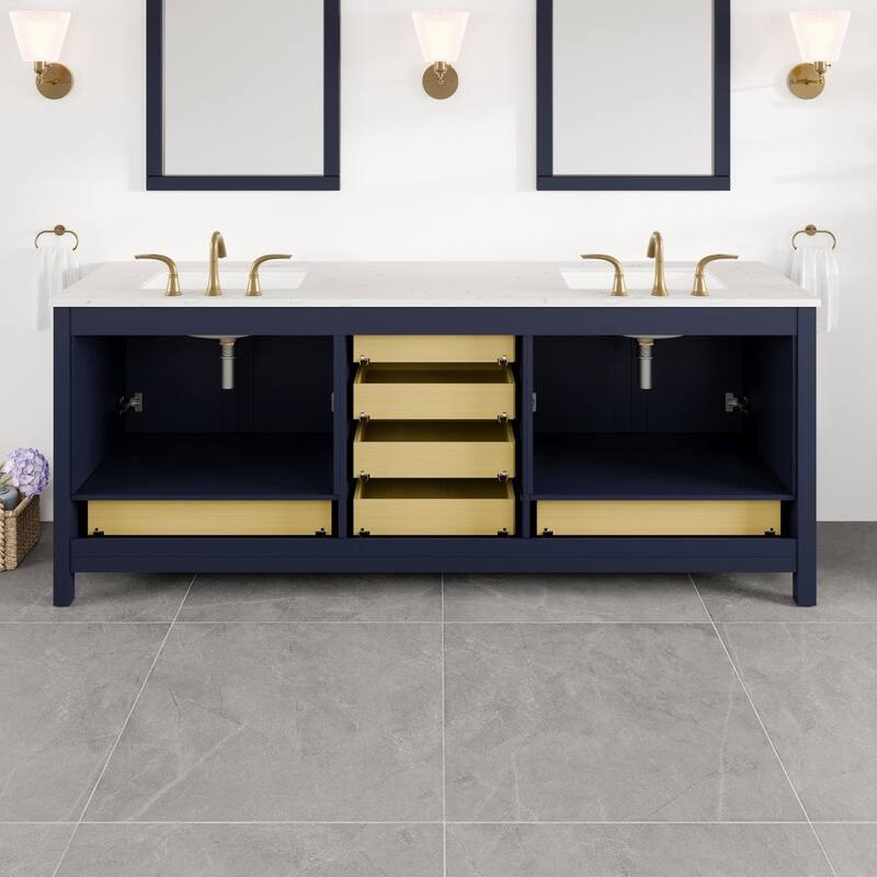Aberdeen 84"W Blue DS Bath Vanity with Carrara Quartz Top
