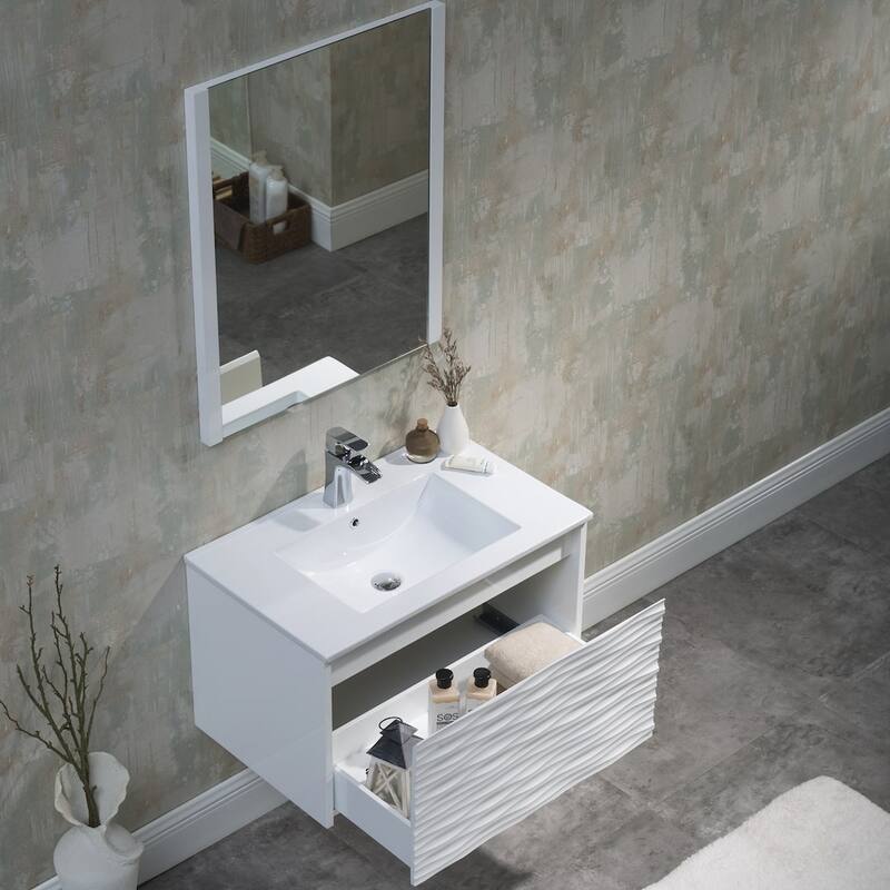 White Floating Vanity / Wall Hung Vanity Set with Mirror