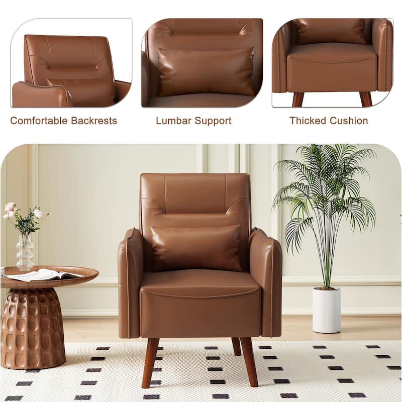 Button Tufted Faux Leather Accent Chair Armchair with Solid Sagwan Wooden Frame