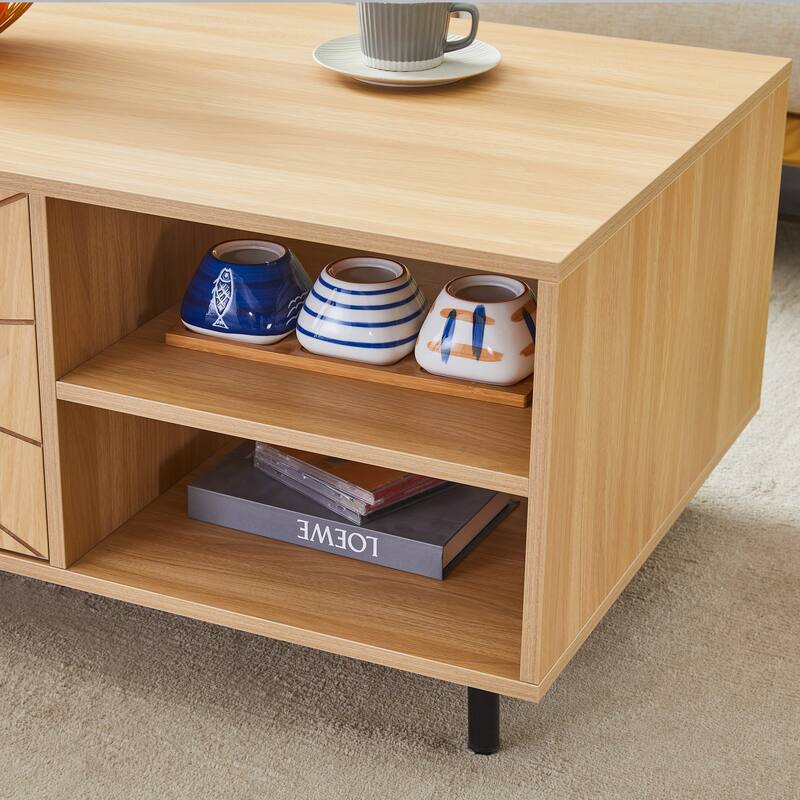Spider Web Textured Coffee Table, Multi-functional Wooden Buffet Cabinet, Center Table with Open Shelves & Metal Legs