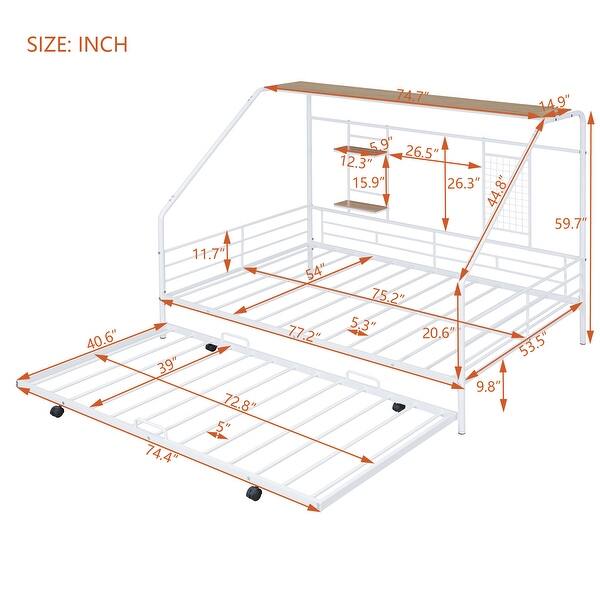Full Metal House Bed with Trundle, Sturdy Bedframe w/Built-in Shelf and Grid for Kids Bedroom, Dorm, No Box Spring Needed, White