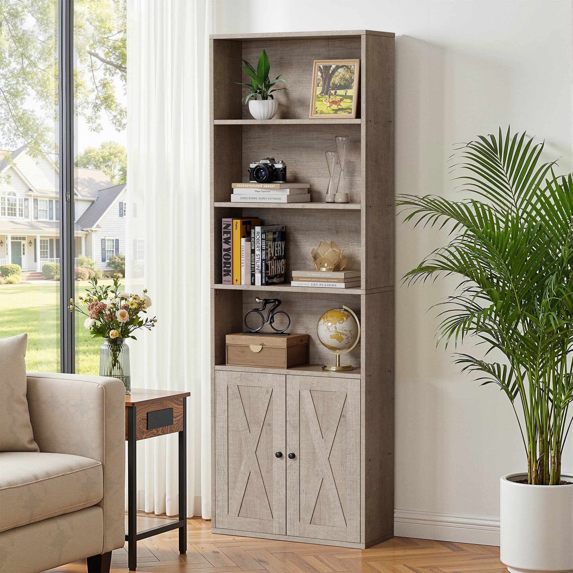 6-Tier Wood Bookcase, Storage Bookshelf with Doors