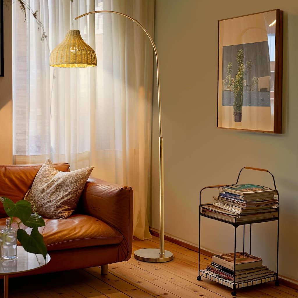 Brightech Lark 75 in. Antique Brass Mid-Century Modern LED Super Bright Floor Lamp with Beige Bamboo Empire Shade