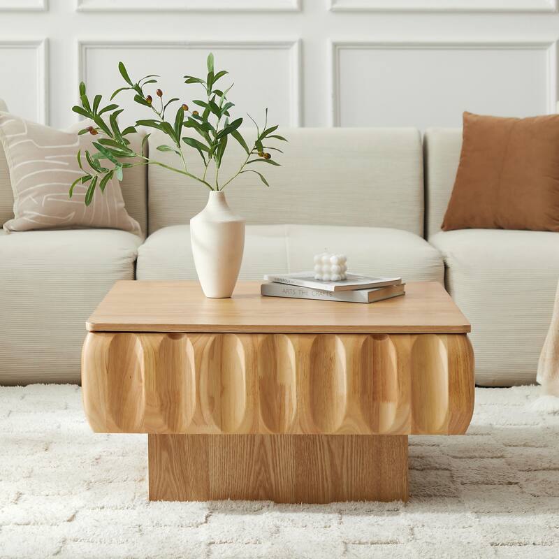 Square Lift-Top Coffee Table with Solid Wood Frame and Hidden Storage