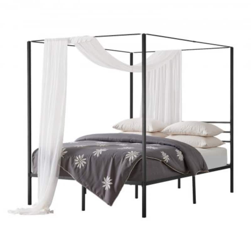 Modern Black Metal Canopy Bed Frame with 12.4 Inch Storage Clearance and Strong Weight Support - Queen