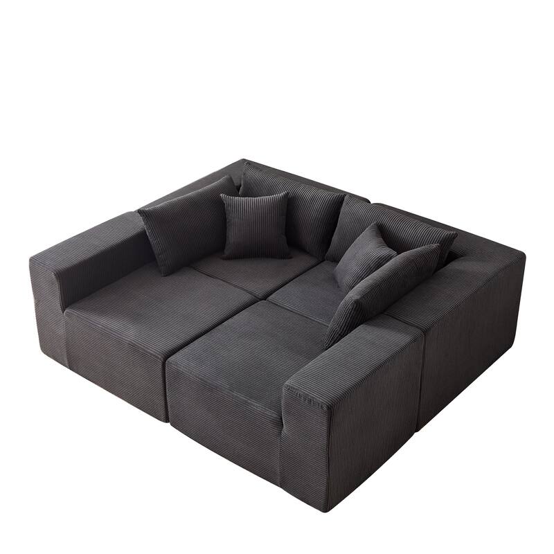 Corduroy Convertible Sectional Cloud Sofa, Foam-Filled Compressed Boneless Sofa, Modular L Shaped Floor 4 Seat Sofa