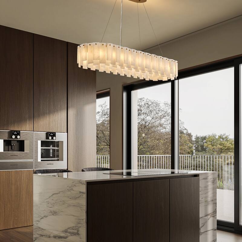 Modern Layered Alabaster Slice Chandelier, Round or Linear Pendant Light, D600-L1200 - Gold