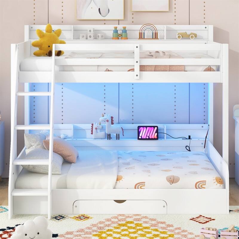 Twin over Full Bunk Bed with Storage Shelves, LED Light and a Drawer, Solid Wood Bunk Bedframe with USB Charging Station