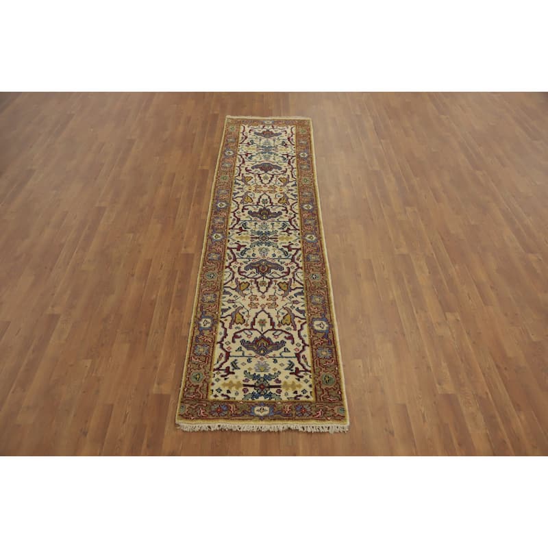 Hand-knotted Transitional Wool Carpet Beige Oushak Rug Floral Oriental Area Rug - 10' 0'' X 2' 7''
