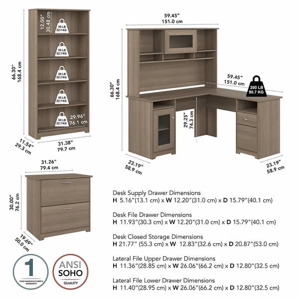 dimension image slide 0 of 12, Cabot 60W L-Desk with Hutch, Cabinet and Bookcase by Bush Furniture