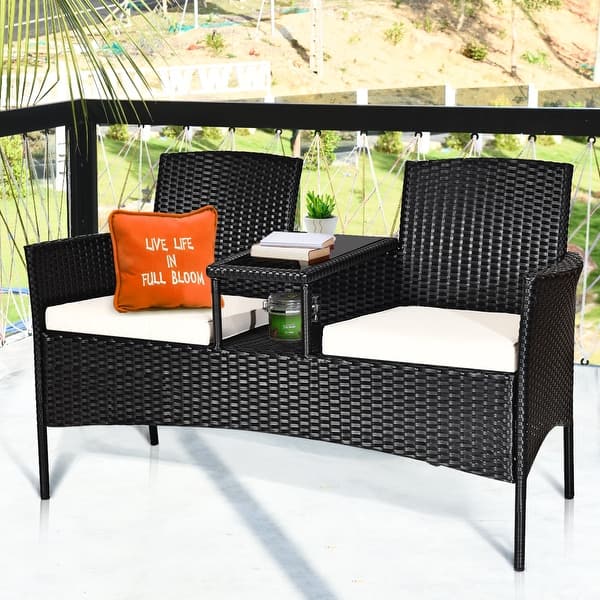 slide 2 of 10, Costway Patio Rattan Conversation Set Seat Sofa Cushioned Loveseat Black