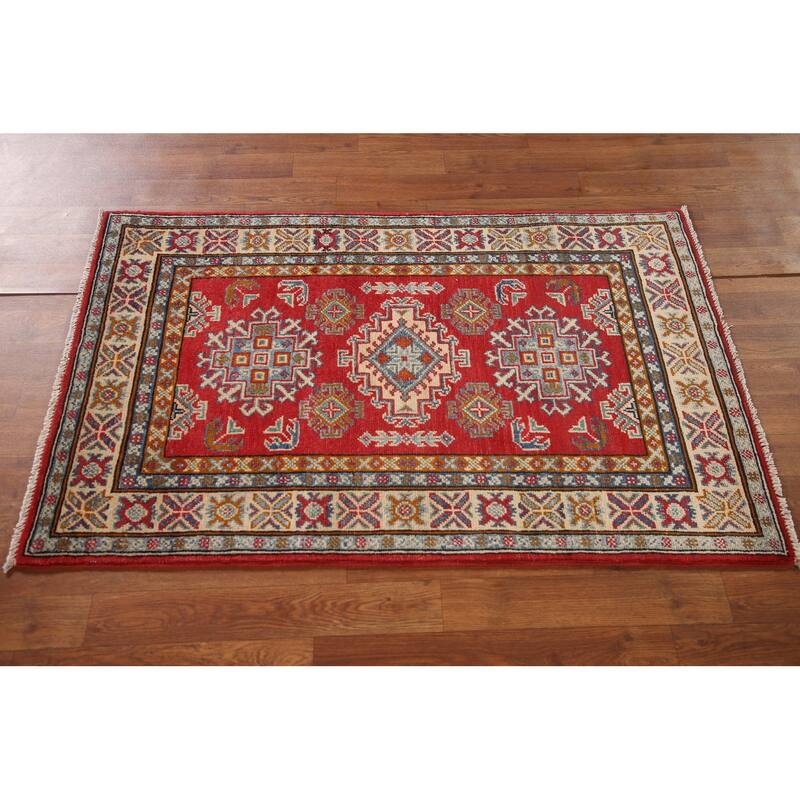 Kazak Oriental Accent Rug Hand-Knotted Red Geometric Wool Carpet - 2'8"x 4'1"