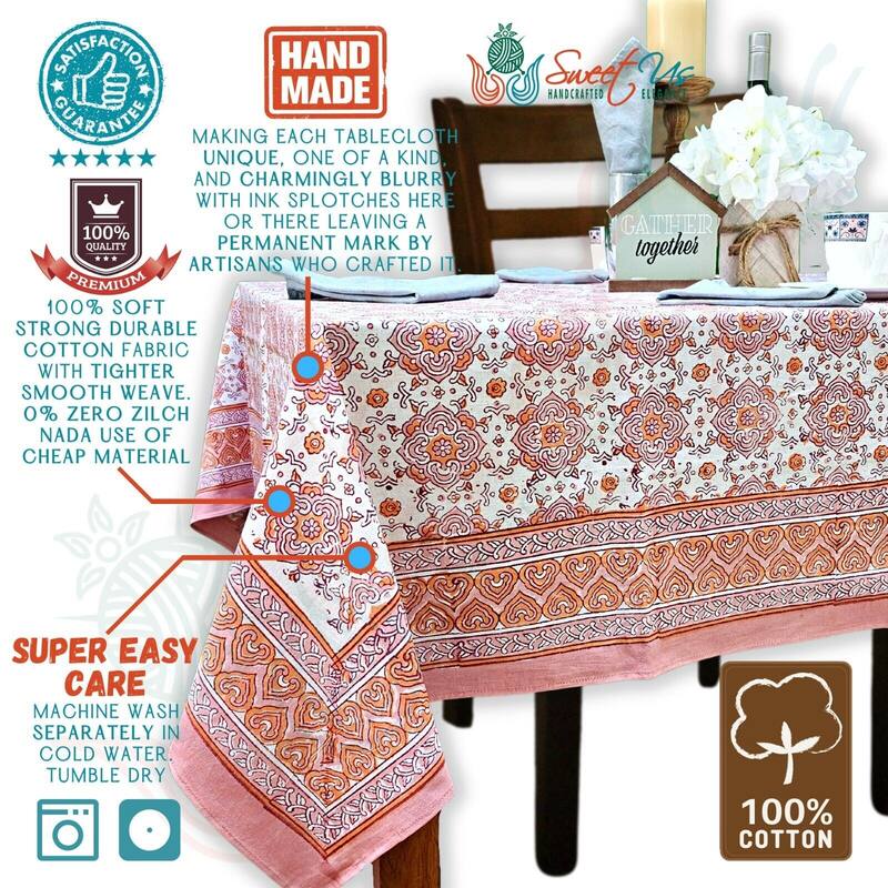 Cotton Pristine Floral Diamonds Tablecloth Rectangle - 70 x 104 in - Peach