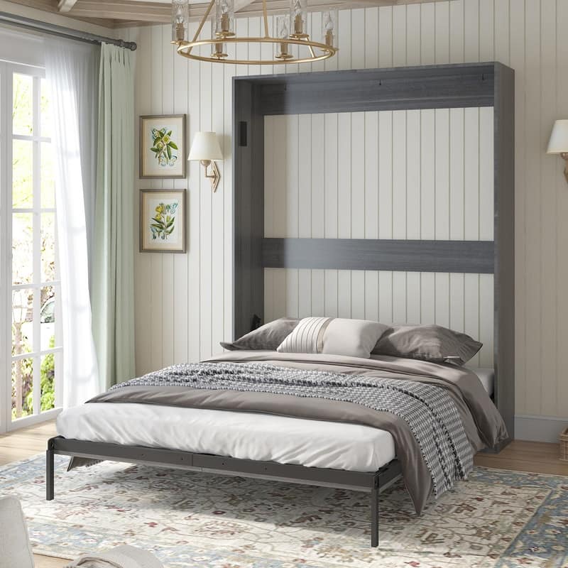 Mixoy Murphy Bed,Folding Wall Bed with 2 Side Cabinet Shelves - Grey-No Side Cabinet