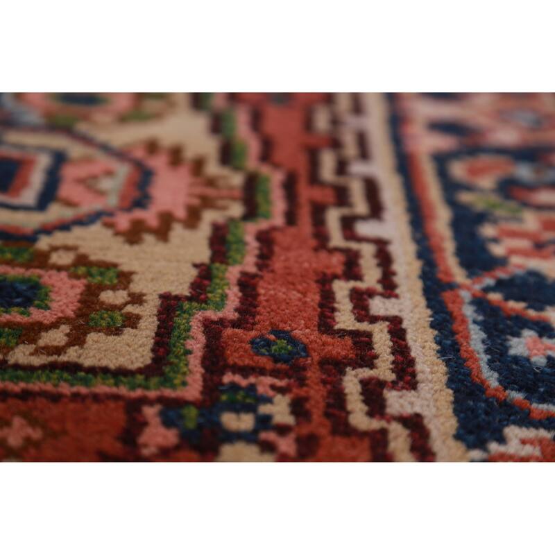 Hand Knotted Oriental 100% Wool Carpet Traditional Geometric Oranges & Rust Heriz (serapi) Runner Rug - 8' 0'' X 2' 6''
