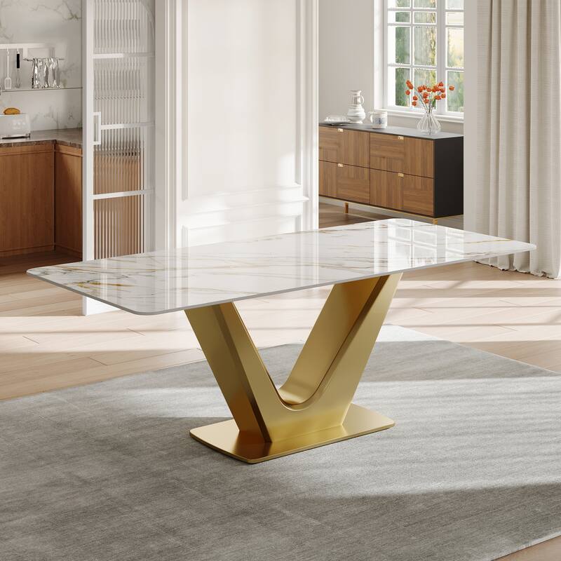 71'' Modern Rectangular Dining Table for 6, White Glossy Sintered Stone top with Gold Stainless Steel Legs