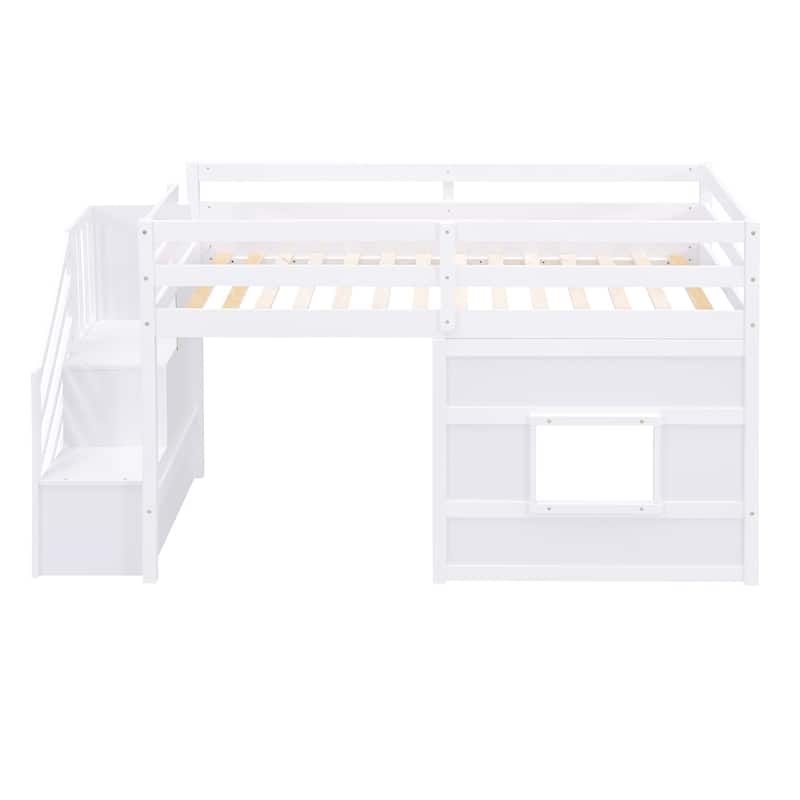 Twin Size Loft Bed with Storage Staircase and Window, Gray