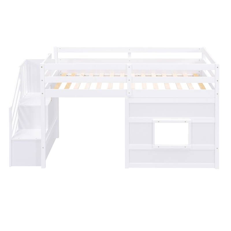Twin Size Low Loft Bed with Storage Staircase and Window, Wooden Loft Bed Frame with Full Length Guardrail and Slat Support