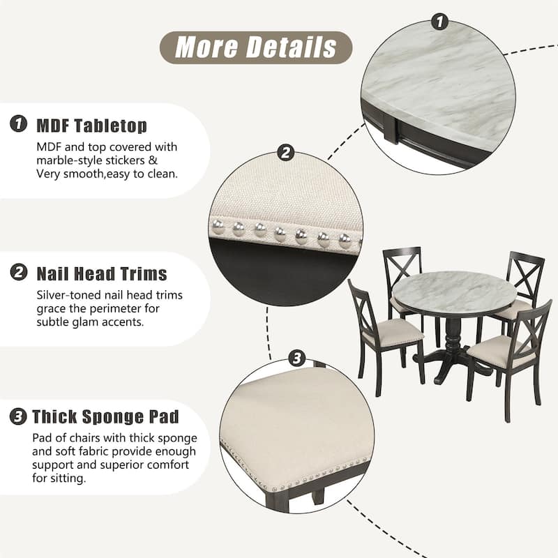5 Piece Modern Solid Wood Dining Table Set with Chairs, Faux Marble Top