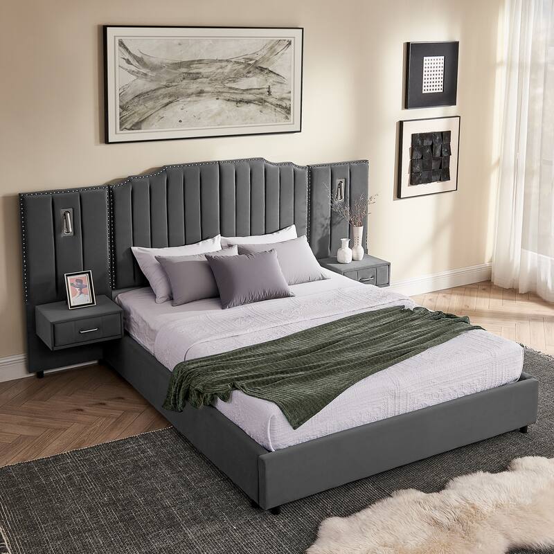 King/Queen Velvet Bed Frame with Vertical Stitch Headboard & Side Table - Grey - Queen