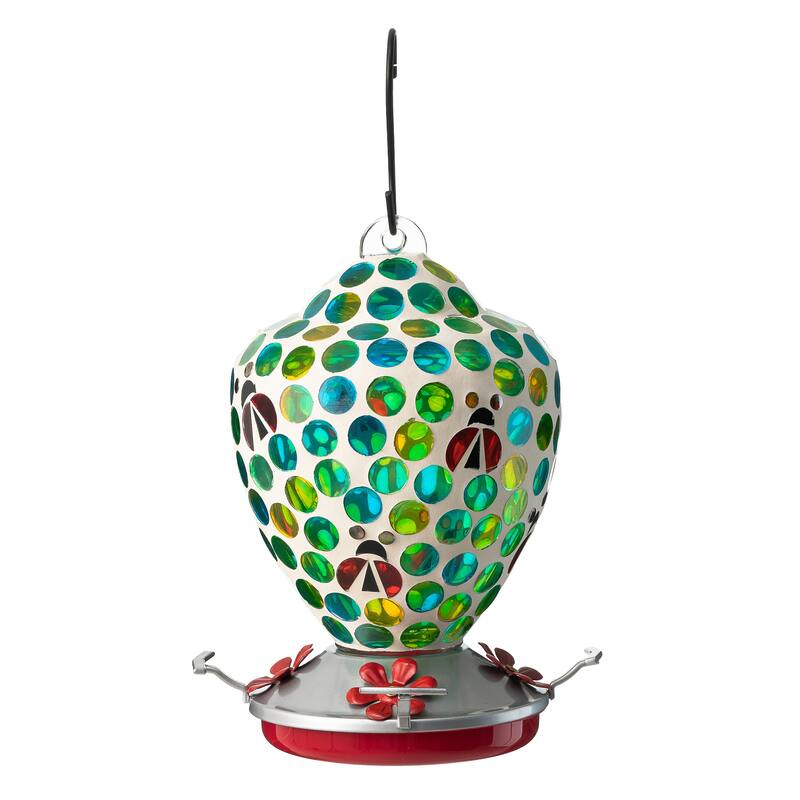 Glitzhome 8.25"H Glass Hanging Dots & Ladybugs Mosaic Birdfeeder