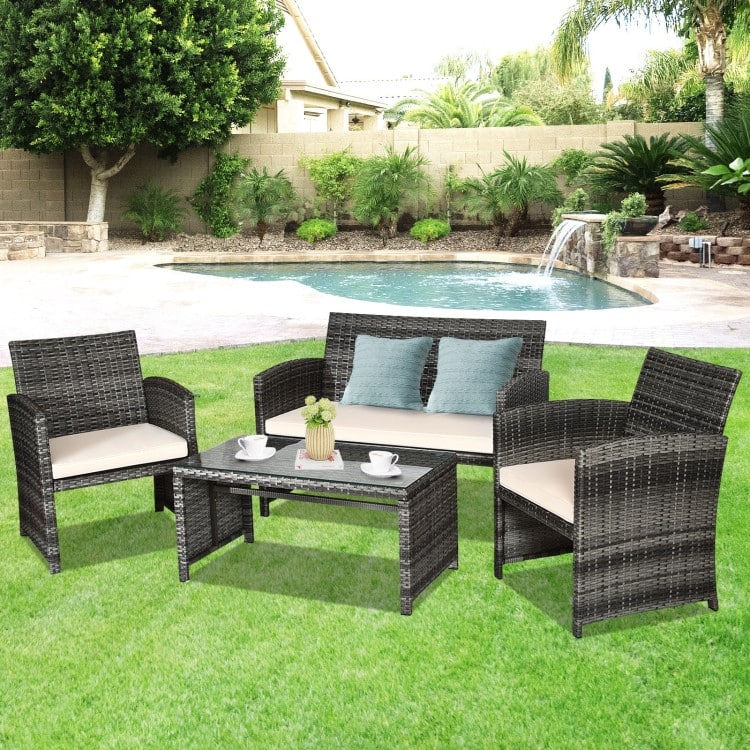 4 Pieces Patio Rattan Furniture Set with Glass Table and Loveseat - 43.5" x 25"x 31" (L x W x H)