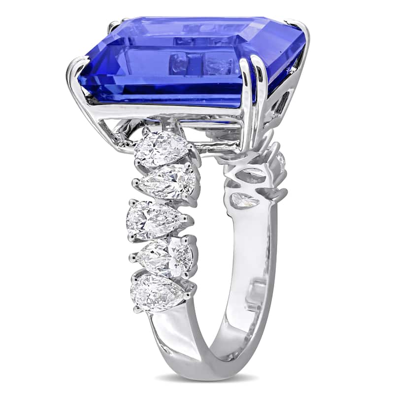 Miadora 11 4/5ct TGW Emerald Cut Tanzanite 1 1/2ct TDW Pear Diamond Cocktail Ring in 14k White Gold