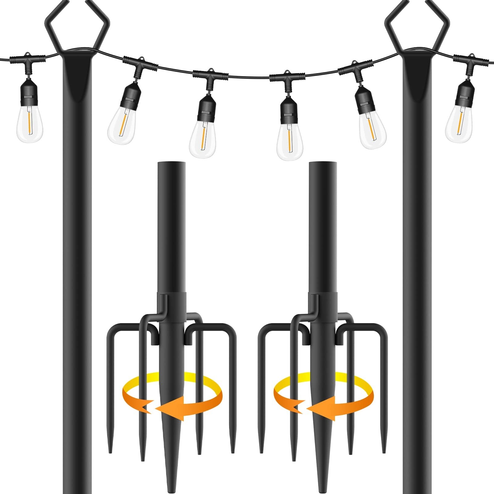 10ft Metal Poles with Fork for Outdoor String Lights 2 Pack Light Stand for Outside Garden Patio Wedding Backyard Deck Party Black
