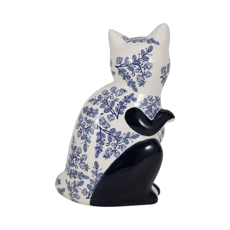Ceramic Cat Sculpture Contemporary Vintage Style Chinoiserie Blue and White Floral Cat Statue Cat Lover