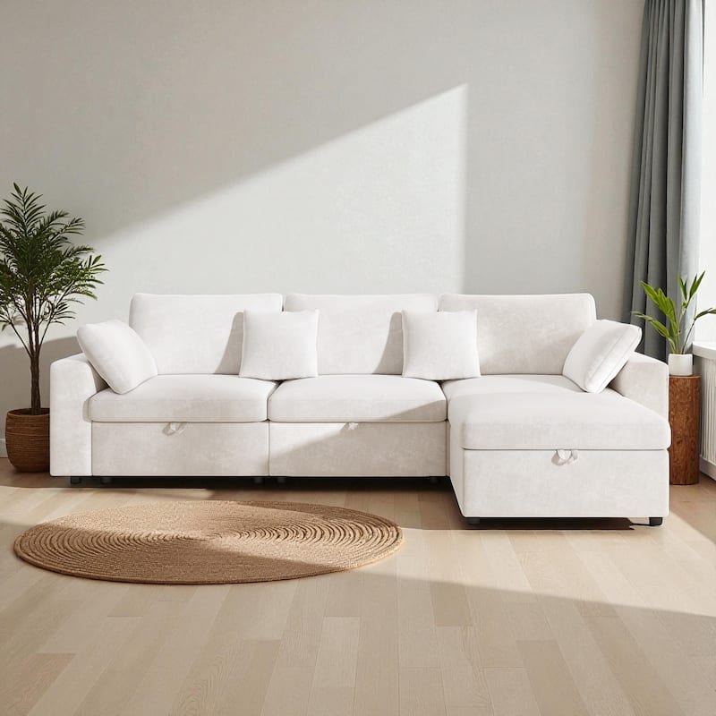 118" Oversized L-Shaped Velvet Sectional Sofa with Storage Ottoman, Removable Pillows, Cloud Couch for Living Room and Bedroom - Beige