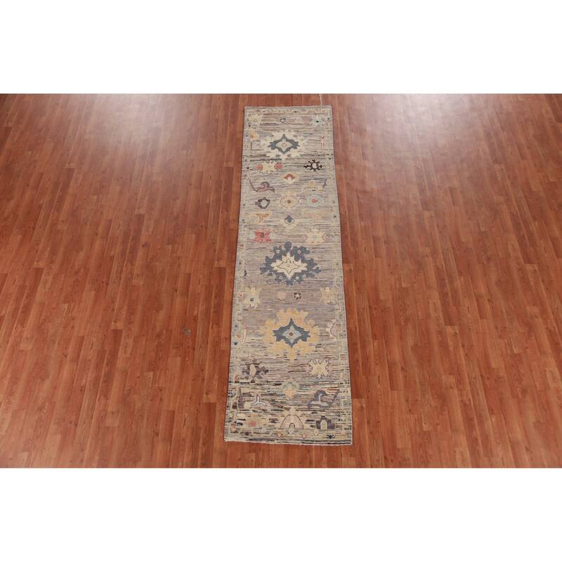 Hand Knotted Oriental 100% Wool Carpet Transitional Floral Multi-Colored Oushak Runner Rug - 9' 10'' X 2' 6''