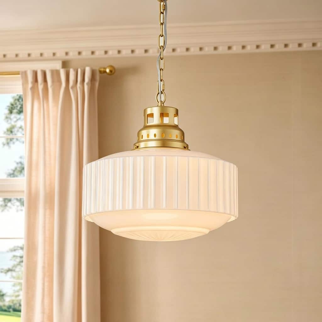 Rennnsan 1-Light Gold Ribbed Glass Pendant Light for Dining Room - 14.2 in. W x 15 in. H