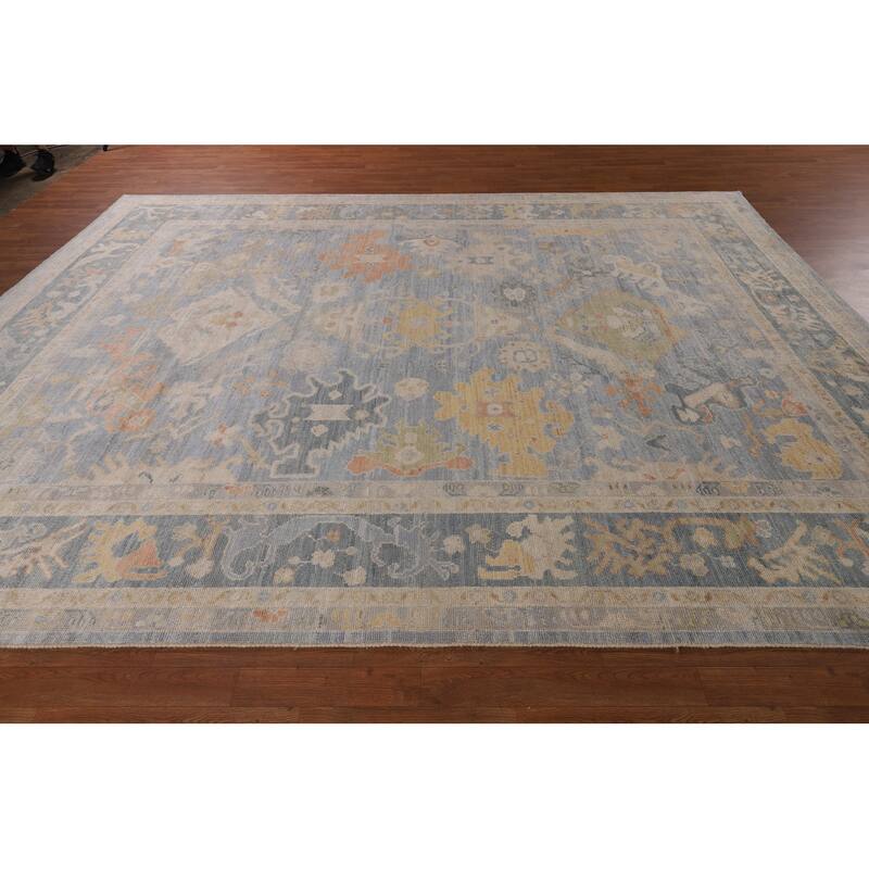 Blue Oushak Turkish Rug Handmade Vegetable Dye Wool Carpet - 9'3"x 11'11"