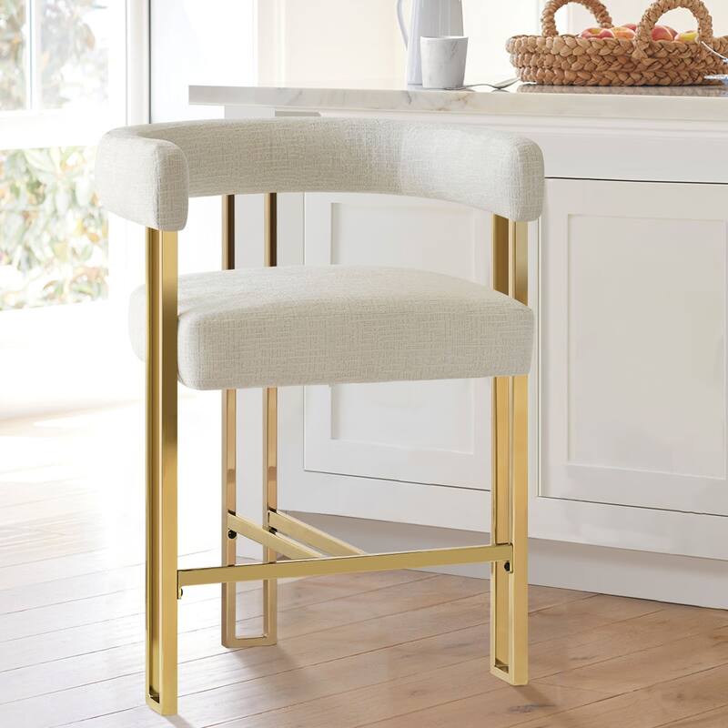 25" Seat Height Upholstered Chenille Gold Matel Counter Stool - Ivory-1-piece - Single